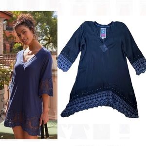 COPY - Johnny Was Navy Blue Embroidered Trim Tunic
